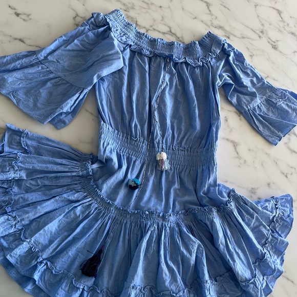 Misa Mini Dress Womens Medium Blue Peasant Ethnic Tassel Ruffled Balloon Sleeve - Picture 4 of 6